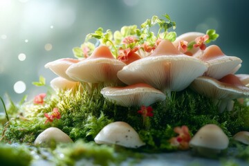 Wall Mural - Delicate mushrooms with pink caps grow among vibrant green moss and flowers in a serene forest setting