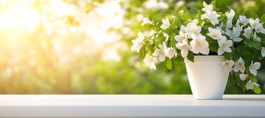 Canvas Print - A vibrant bouquet of white flowers in a simple pot sits on a white wooden table, illuminated by warm sunlight, This image is perfect for themes of nature, gardening, wellness, and home decor,