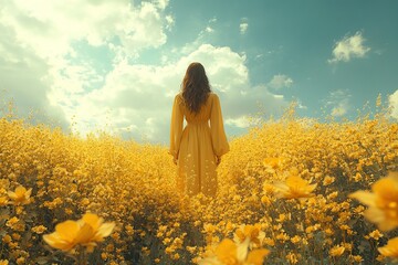 Wall Mural - Back view of young woman walking on field with yellow flowers