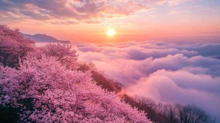 Wall Mural - cherry blossom trees in full bloom against a majestic mountain landscape at sunset with colorful ski
