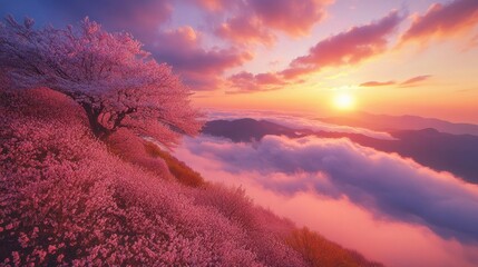 Wall Mural - cherry blossom trees in full bloom against a majestic mountain landscape at sunset with colorful ski