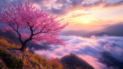 Wall Mural - cherry blossom trees in full bloom against a majestic mountain landscape at sunset with colorful ski
