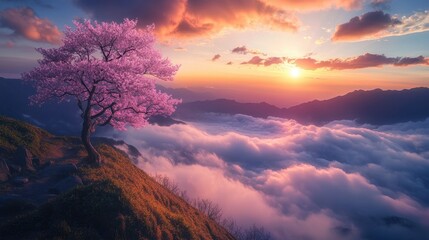Wall Mural - cherry blossom trees in full bloom against a majestic mountain landscape at sunset with colorful ski