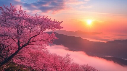 Wall Mural - cherry blossom trees in full bloom against a majestic mountain landscape at sunset with colorful ski