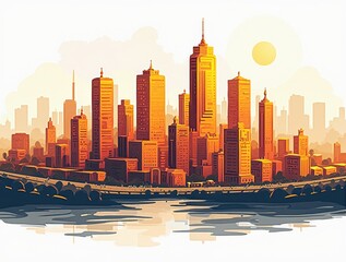 Poster - A cityscape with a park in the foreground and distant mountains beyond.