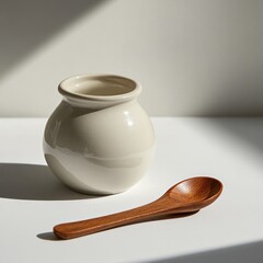 Wall Mural - Still life Small ceramic pot & wood spoon on a white table with shadows