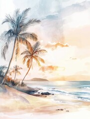Aufkleber - Serene watercolor illustration of a beach at sunset with palm trees and gentle waves. Generative AI