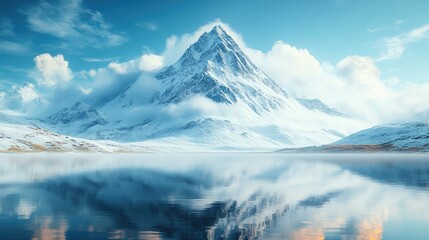 Canvas Print - Snowy peak reflected in calm lake, sunrise