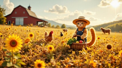 Wall Mural - A cat wearing a straw hat is holding a basket of vegetables in a field