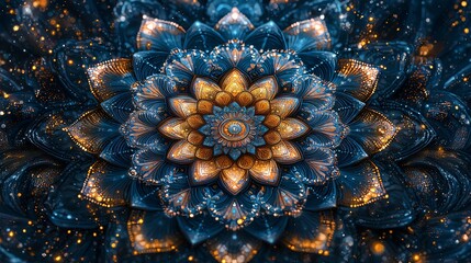 Canvas Print - Blue gold fractal flower art, cosmic background, design element