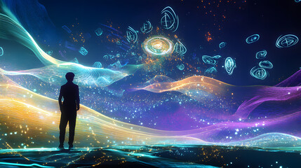 Wall Mural - a cosmic futuristic landscape with a scientist contemplating the universe. the mystery of the univer