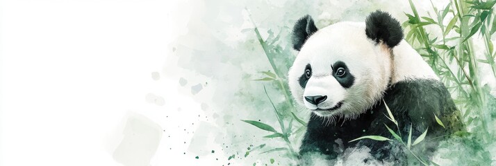 Poster - Panda enjoying a serene moment among bamboo in a lush green setting. Generative AI