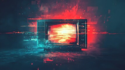 Poster - Explosive glitch erupting from a vintage television screen creating a dramatic digital maelstrom of fiery energy vibrant colors and surreal distortions  The scene evokes a sense of chaos power