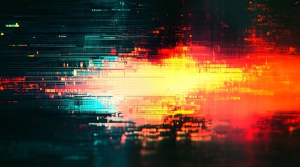 Poster - Explosive Glitch of Vibrant Digital Energy and Futuristic Technological Chaos   Abstract digital art background with colorful pixels code and data distortion creating a dynamic surreal