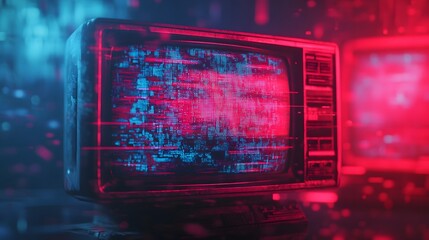 futuristic digital glitch effect on neon lit computer screen with abstract data code and matrix like