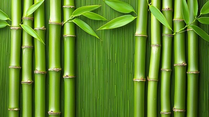 Poster - Green bamboo stalks and leaves on mat. Zen background