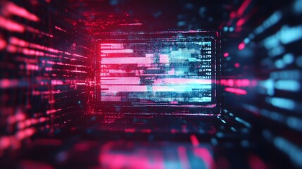 Poster - Futuristic digital landscape with vibrant neon lights dynamic data flows and a mesmerizing abstract pattern  This digital artwork evokes a sense of high tech energy technological complexity