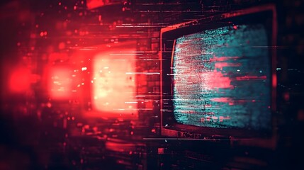 Fototapete - Glitchy and distorted digital screen with a cyberpunk inspired neon red and blue futuristic technology abstract background  Featuring a data matrix and digital code elements