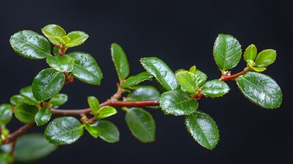 Poster - Lush green plant sprig, dark background, nature detail, botanical illustration