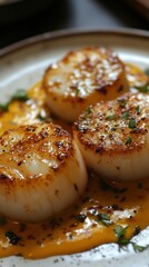 Wall Mural - Grilled scallops served with savory sauce and fresh herbs for a delightful culinary experience