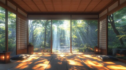 Wall Mural - Sunlit Zen Garden Room, Tranquil Escape