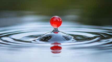 Wall Mural - Red drop impacting water, ripples, nature background, science