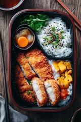 Poster - Delicious asian lunchbox with crispy katsu, rice, and pickled vegetables