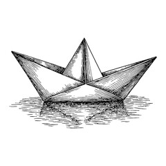 Wall Mural - paper ship on water with reflection black and white outline line art drawing illustration