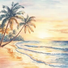 Aufkleber - Serene tropical beach at sunrise with gentle waves and swaying palm trees in a watercolor illustration. Generative AI