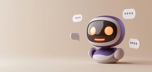 A sleek, purple chatbot with illuminated orange eyes, interacting through floating white and gray speech bubbles on a minimalist beige backdrop