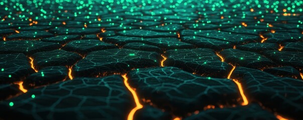 Wall Mural - Abstract 3D rendering of an interconnected green energy network, linking sustainable power sources through vibrant glowing pathways