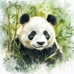 Poster - Watercolor illustration of a panda peeking through bamboo leaves in a serene forest setting. Generative AI