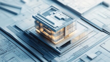 Wall Mural - a digital 3d building model showcasing architectural design and layout on top of blueprints. the hig