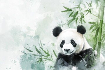 Poster - Watercolor illustration of a giant panda amidst bamboo in a serene, nature inspired backdrop during the day. Generative AI