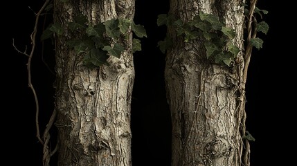 Canvas Print - Two Trees Embracing Ivy Plants Dark Background Tranquil Nature Scenery Mystical Woodland Scene.