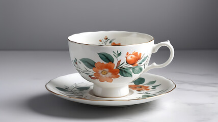 A vintage porcelain antique tea cup and saucer with beautiful florals patterns in vibrant colors design.