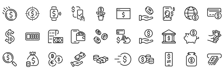 Dollar web line icon set. Set of 30 outline icons related to money, dollar, wallet, payment, earnings, bank, currency, fund, business, income and others. Editable stroke. Vector illustration.