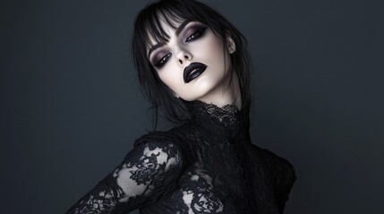 Canvas Print - A woman with black hair and makeup is wearing a black lace dress. She is standing in front of a dark background