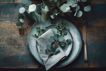 A neatly set dinner plate with a beautiful arrangement of greenery and silverware.