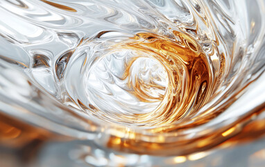 Leinwandbilder - Close-up view of swirling clear and amber liquid in a glass, representing the fusion of water and whisky in a dynamic, fluid motion. A visual of elegance and fluidity.