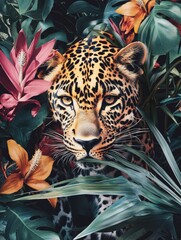 Wall Mural - a leopard is in a jungle with flowers and leaves. the image has a vibrant and lively mood, with the 