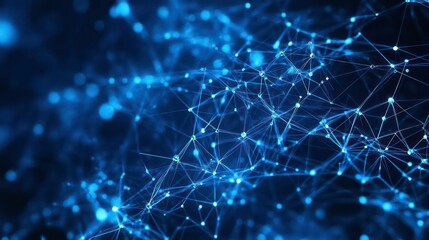 Wall Mural - abstract blue technology background with a cyber network grid and connected particles artificial neu