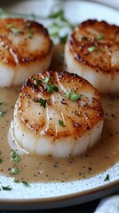 Wall Mural - Grilled scallops served with savory sauce and fresh herbs for a delightful culinary experience