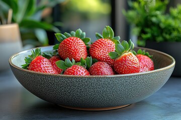 Wall Mural - Fresh strawberries in a bowl perfect for a healthy treat or a simple snack vibrant red color and green stems show its freshness