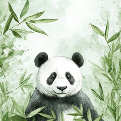 Poster - Whimsical panda surrounded by bamboo in a tranquil watercolor illustration. Generative AI
