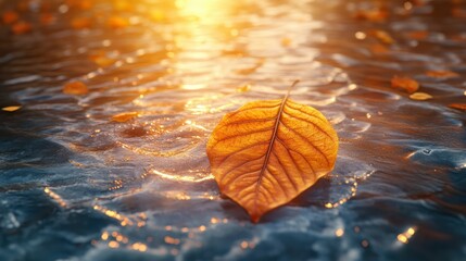 Sticker - Autumn leaf floats on calm water at sunset, background blurred