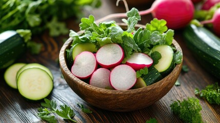 Poster - Vibrant bowl of radishes and cucumbers, topped with sprigs of parsley and mint.