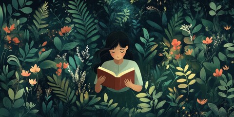 Wall Mural - Woman Reading a Book Surrounded by Lush Greenery