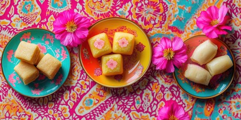 Poster - Three plates of food with pink flowers in the background. The plates are colorful and arranged in a visually appealing manner