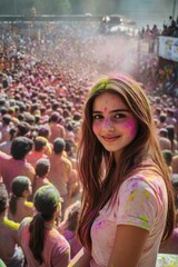 Canvas Print - A woman is smiling in front of a crowd of people. The crowd is wearing colorful clothes and the woman is wearing a pink shirt. Scene is joyful and festive